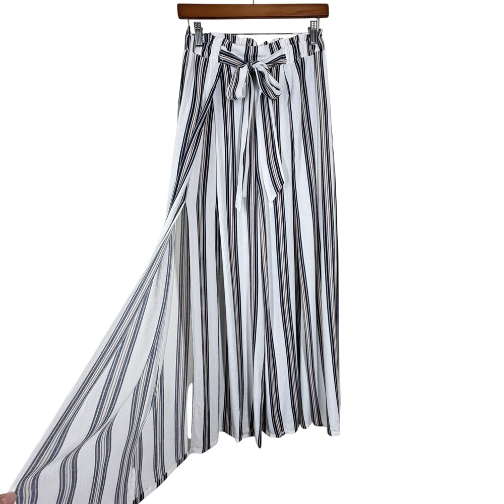 Simplee Women Wide Leg Palazzo Pants Size M Blue Striped High Rise Front Slit - Picture 3 of 13